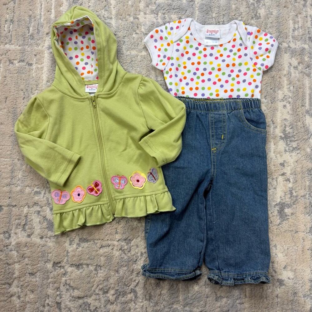 Snugabye Baby Girl 3PC Hoodie Bodysuit Denim Outfit 12M